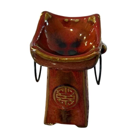 Red Ceramic Asian Themed Candle Holder with Black Metal Rings - Picture 3 of 6